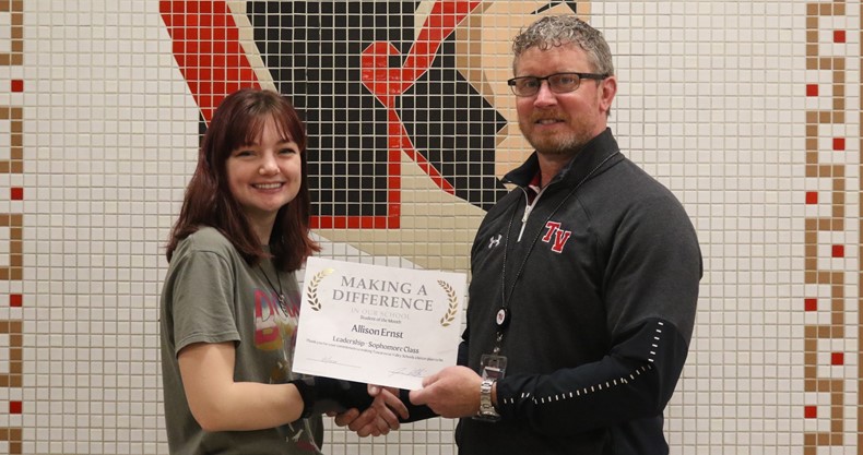 Congratulations to sophomore Allison Ernst on being recognized by the TVHS staff for her leadership.