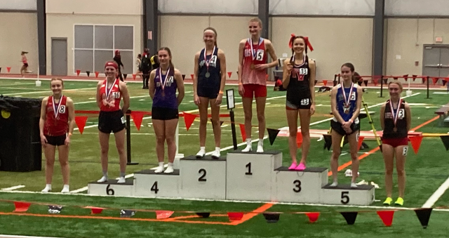 Congratulations to junior Trista Lieser as she placed 3rd in the 3200M run at the indoor state track meet.  Fellow junior Abe McElwee placed 6th in the 400M.
